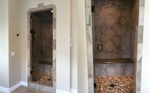 Custom tile steam shower with river rock floor in luxury home bathroom by Mountain View Corporation in Longmont Colorado