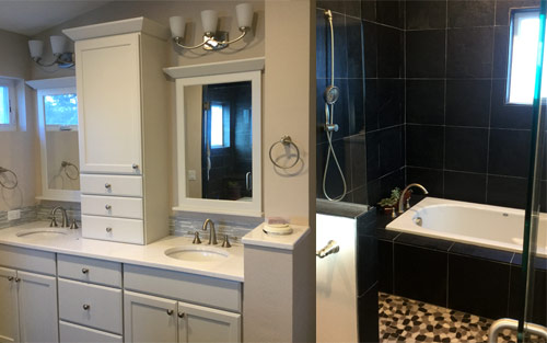 Home bath remodel with custom double vanity and cabinets, bathtub and shower by Mountain View Corporation in Ken Caryl Colorado
