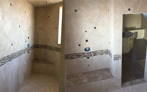 Luxury home shower with floor to celing natural stone tile glass accents and granite built in shower bench, rain shower head by Mountain View Corporation in Highlands Ranch Colorado